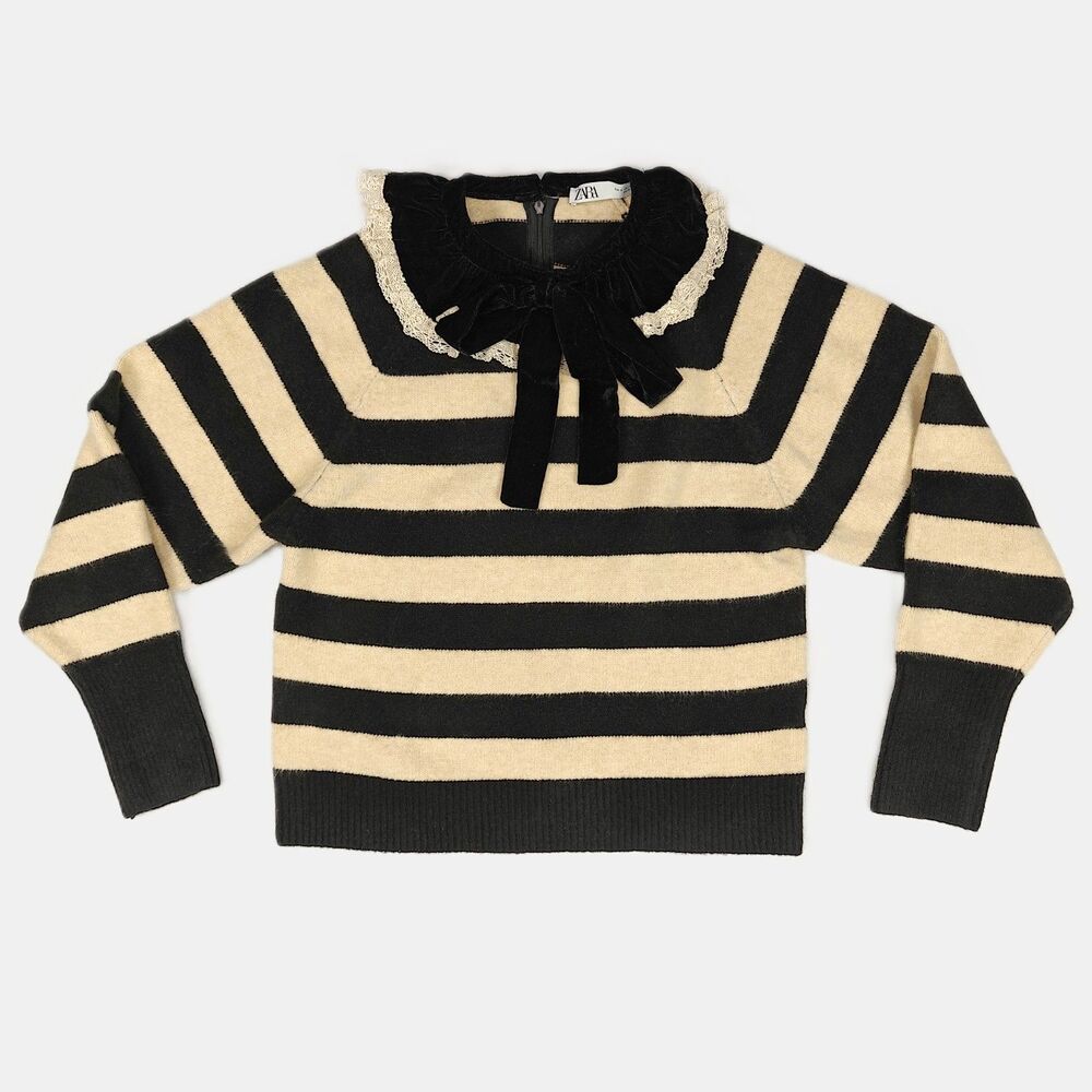 Zara Velvet Lace Ruffle Neck Striped Knit Sweater Size S Romantic Academia Twee